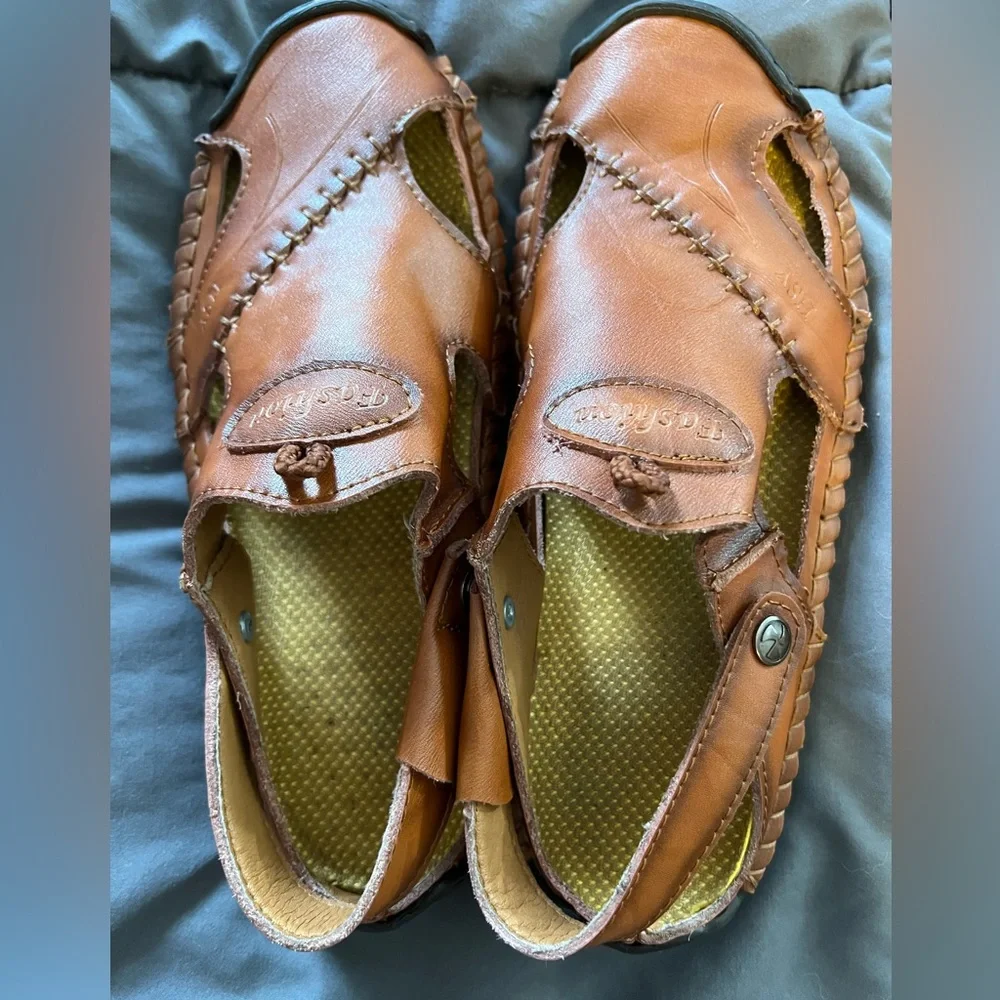 HSY Fashion Men's 100% Caoutchouc Leather Closed Toe Sandal‎ Brown Size 40 US 7